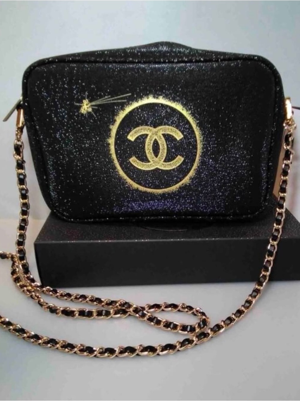 CHANEL Black Glitter Crossbody with Gold CC Emblem VIP GWP